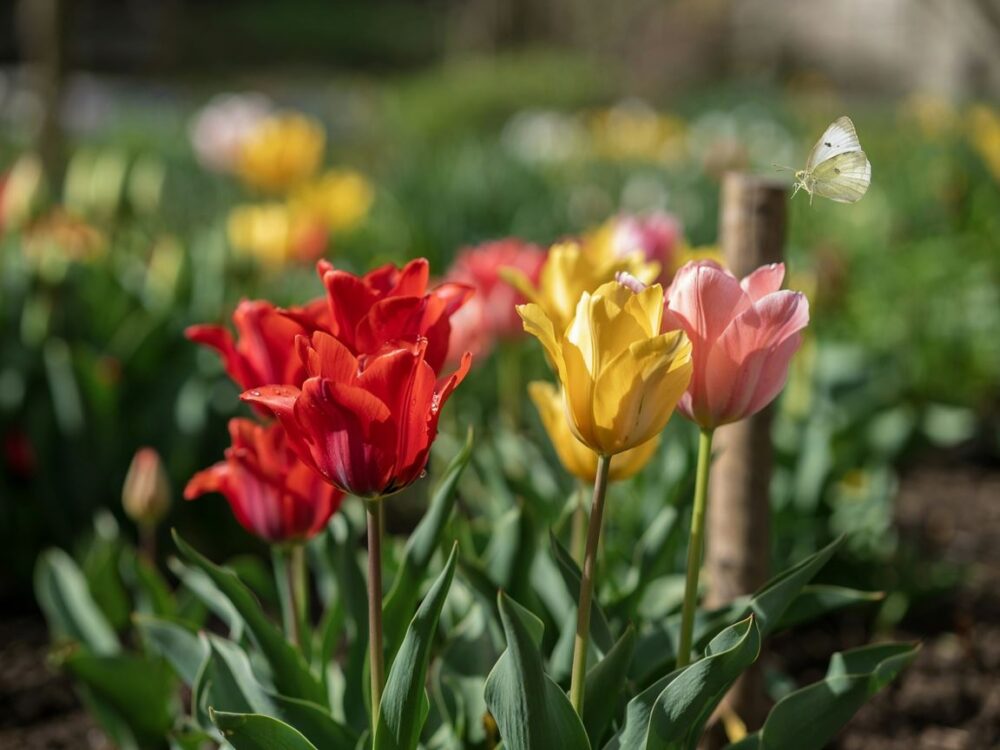 kompozycja tulipanów z zielenią
